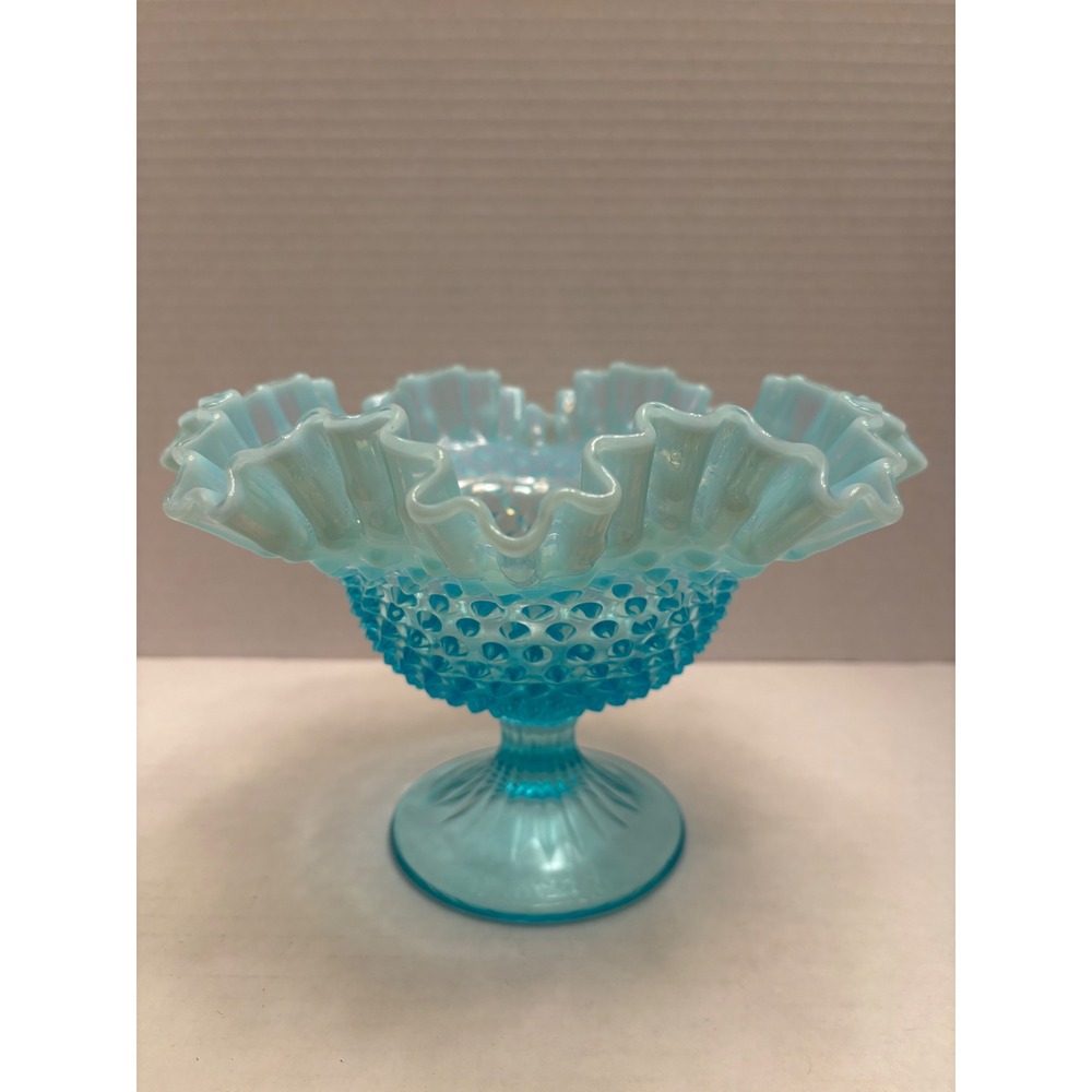 Fenton Blue Opalescent Hobnail Glass Ruffled Compote Pedestal Candy Dish 8" - Picture 2 of 6